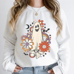 Vintage Retro Flower Ghost Print Sweatshirt Hoodie Women Halloween Vintage Style Hoodies Flower Ghost Halloween Party Sweatshirt