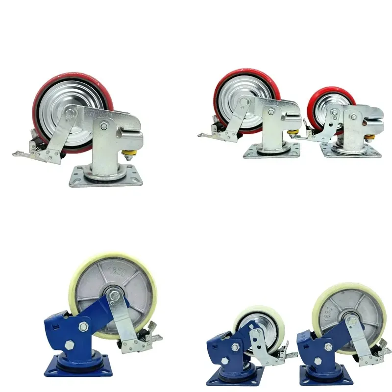 Heavy Duty Industrial 6 8 Inch Polyurethane Spring Loaded Casters with Ball Bearings Rotary Brakes Durable Shock