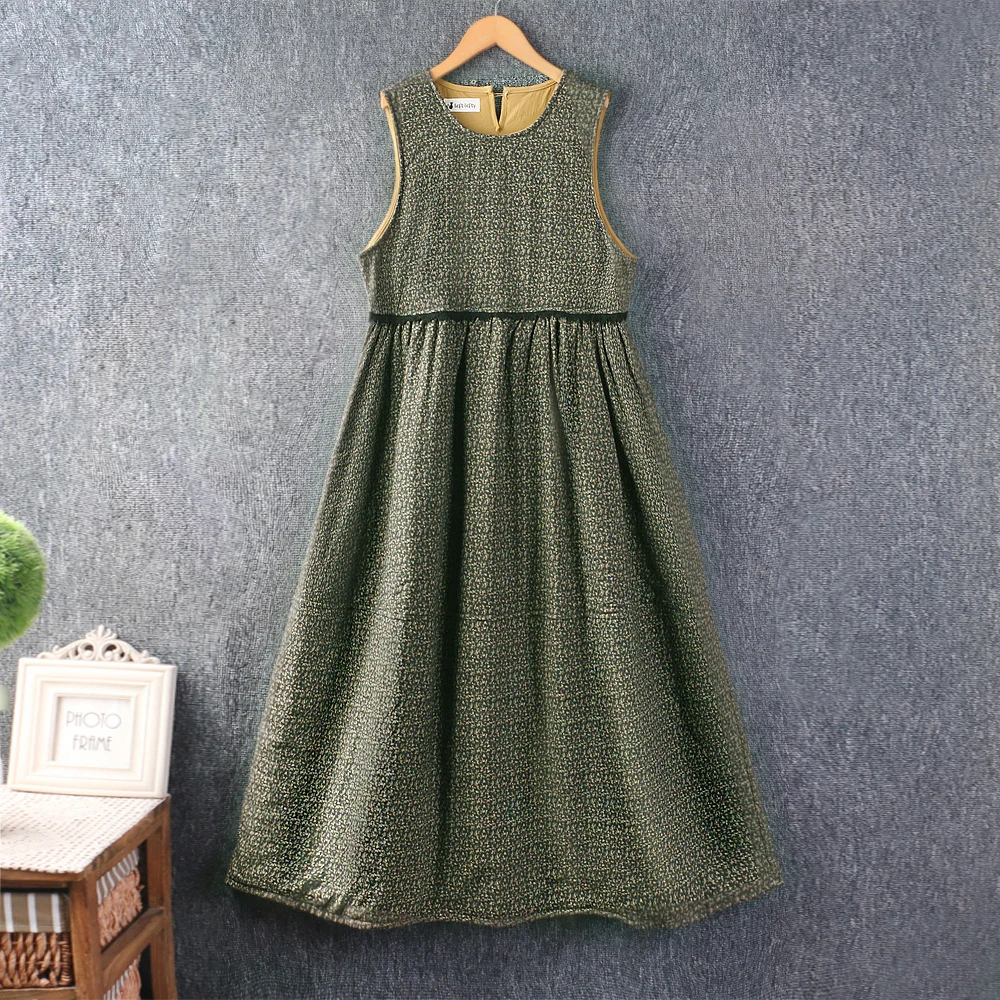 Damska Sukienka Bez Rękawów w Stylu Vintage Mori Girl z Kwiatowym Nadrukiem, Bawełniana, Ocieplana, Jesienno-Zimowa, z Dekoltem O-Neck, Luźna, Retro, Casualowa Sukienka na Ramiączkach