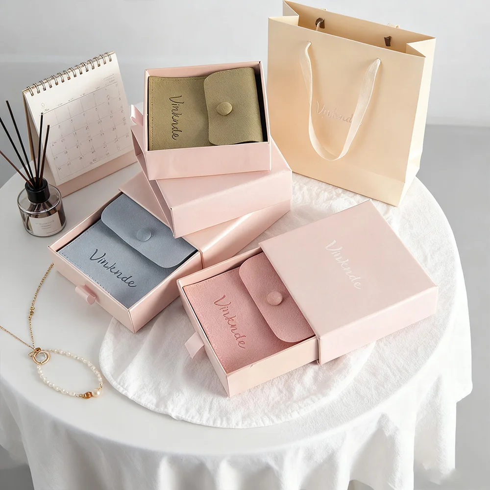 

Custom Luxury Microfiber Snap Envelope Pouch 7*9*3cm Ring Package Cardboard Drawer Boxes for Jewelry Earrings Storage Bag Set