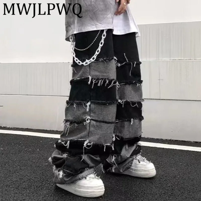 

MWJLPWQ весенне-осенние лоскутные джинсы с кисточками, мужские длинные брюки в американском стиле с градиентным дизайном, трендовые длинные брюки для нищих 12030