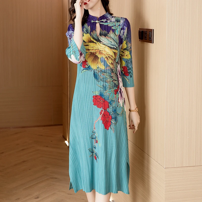 Magic Dress Flower Printed Chinese Long Skirt Standing Neck Short Sleeve Folded Improvement Knee Length Qipao Dress