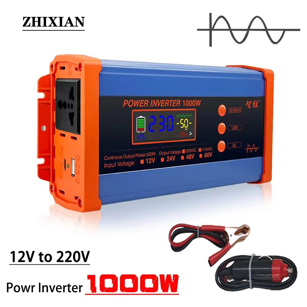 

Car Power Inverter 1000W Pure Sine Wave DC 12V to AC 220V Transformer Convert EU Socket Converter Car Charger Converter Adapter