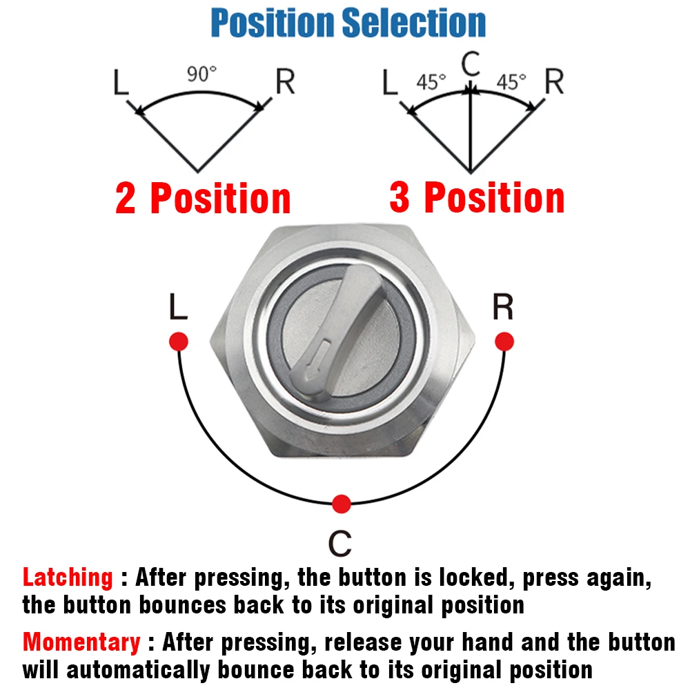19mm 2 3 Position Switch Push Button Switch DPDT Illuminated Metal selector Rotary Switch with LED Waterproof Stainless Steel