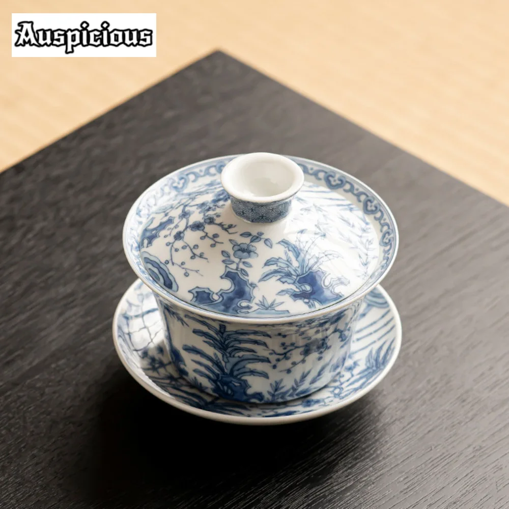 300ml Antique Blue and White Gaiwan Retro Dargon Cup Saucer Tea Tureen Chinese Tea Maker Cover Bowl Tea Services Supplies Craft