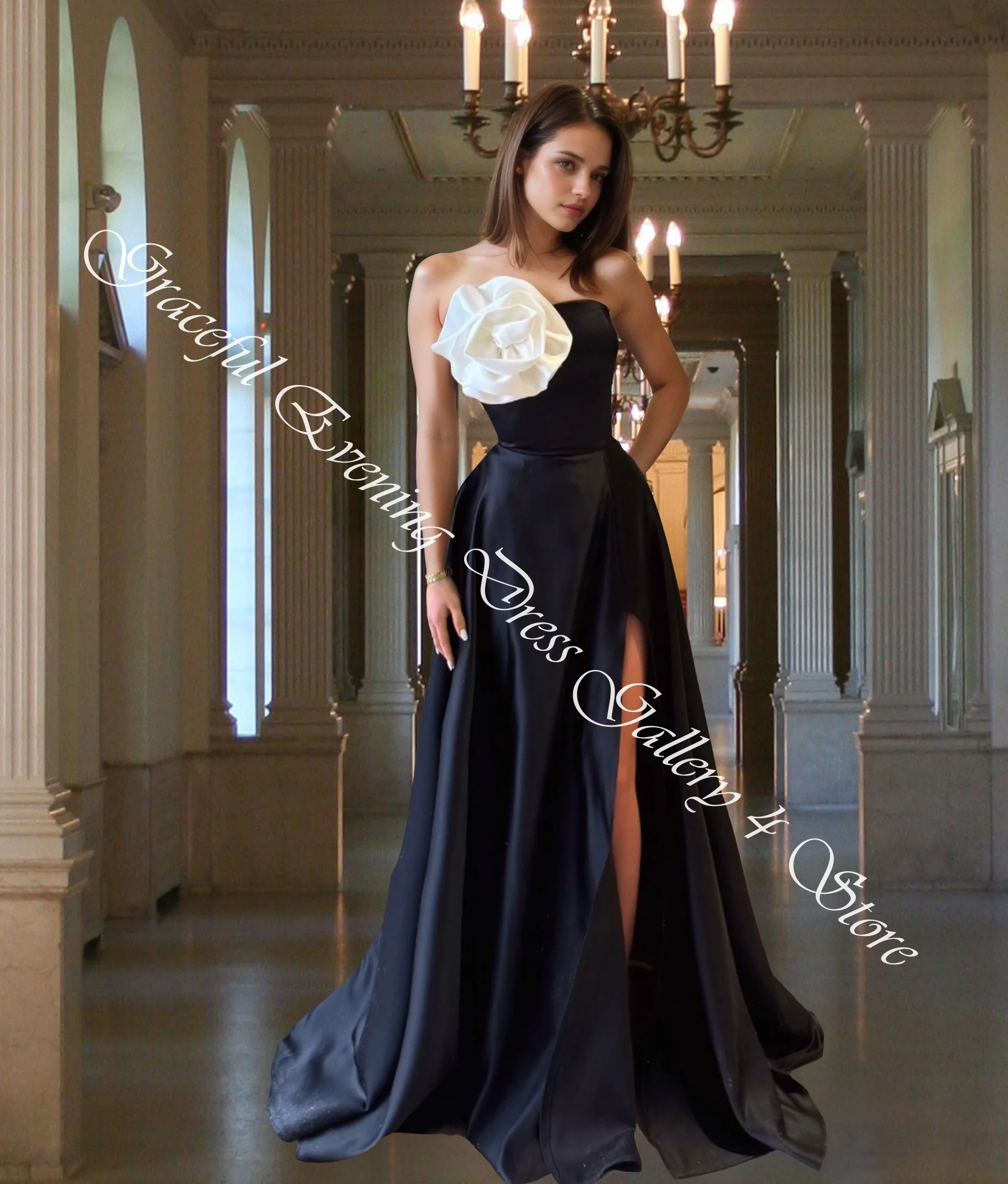 Customized  High Quality Satin A-Line Flowers Evening Dresses Strapless Sleeveless Panel Train Homecoming Dress Tempera
