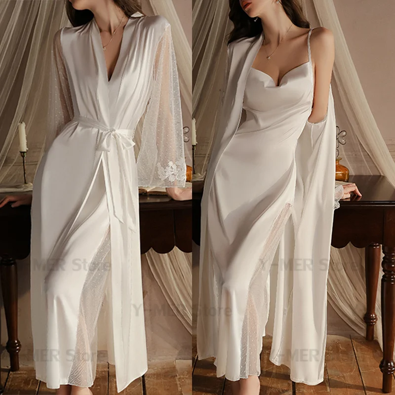 2025 New In Sleepwear Women Elegant Robe Sexy Swing Collar Nightdress Sheer Mesh Sleeve Kimono Bride Wedding Dress Nightgown