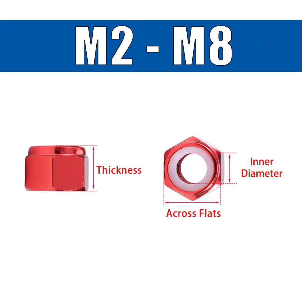 10/50/100Pcs M2 M2.5 M3 M4 M5 M6 M8 Colorful Aluminum Alloy Hex Nylon Insert Lock Nut Self-locking Anti-loose Fastener Screw Nut