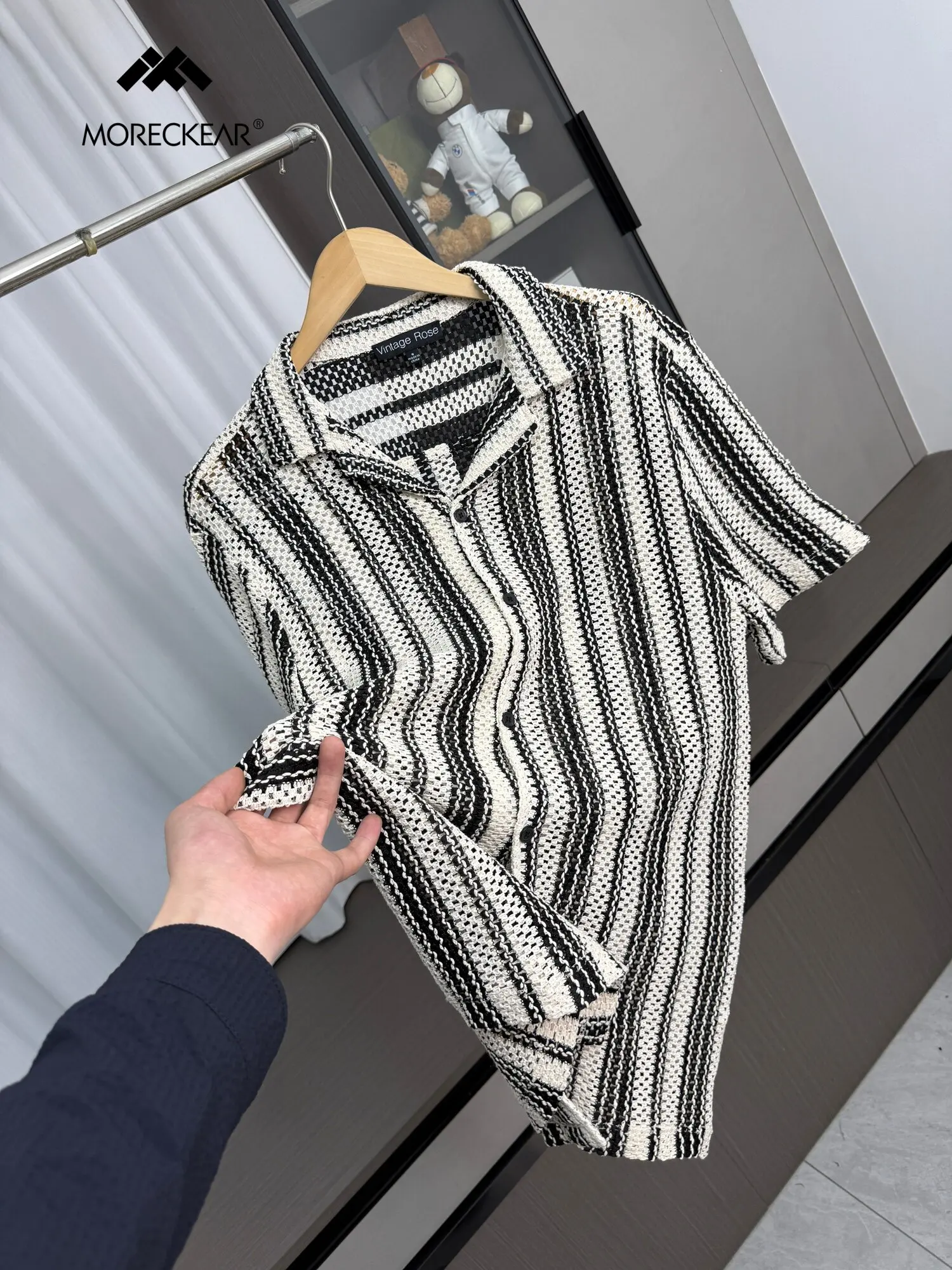 Summer Vacation Style Knitted Hollow Out Shirt For Men French Casual Fashion Loose V-neck Single Breasted Striped T-shirt