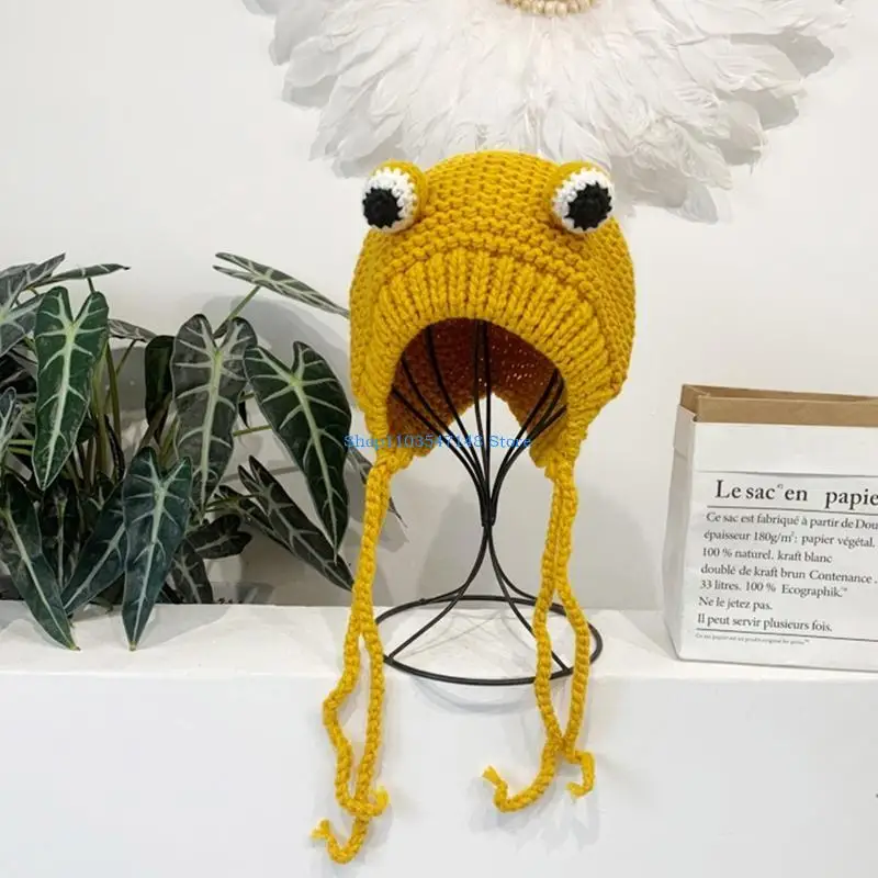 P88B نساء شتاء دافئ مكتنزة كابل متماسكة قبعة رفرف للأذن لطيف الكرتون الحيوان لعيون الضفدع بلون في الهواء الطلق يندبروف قبعة C