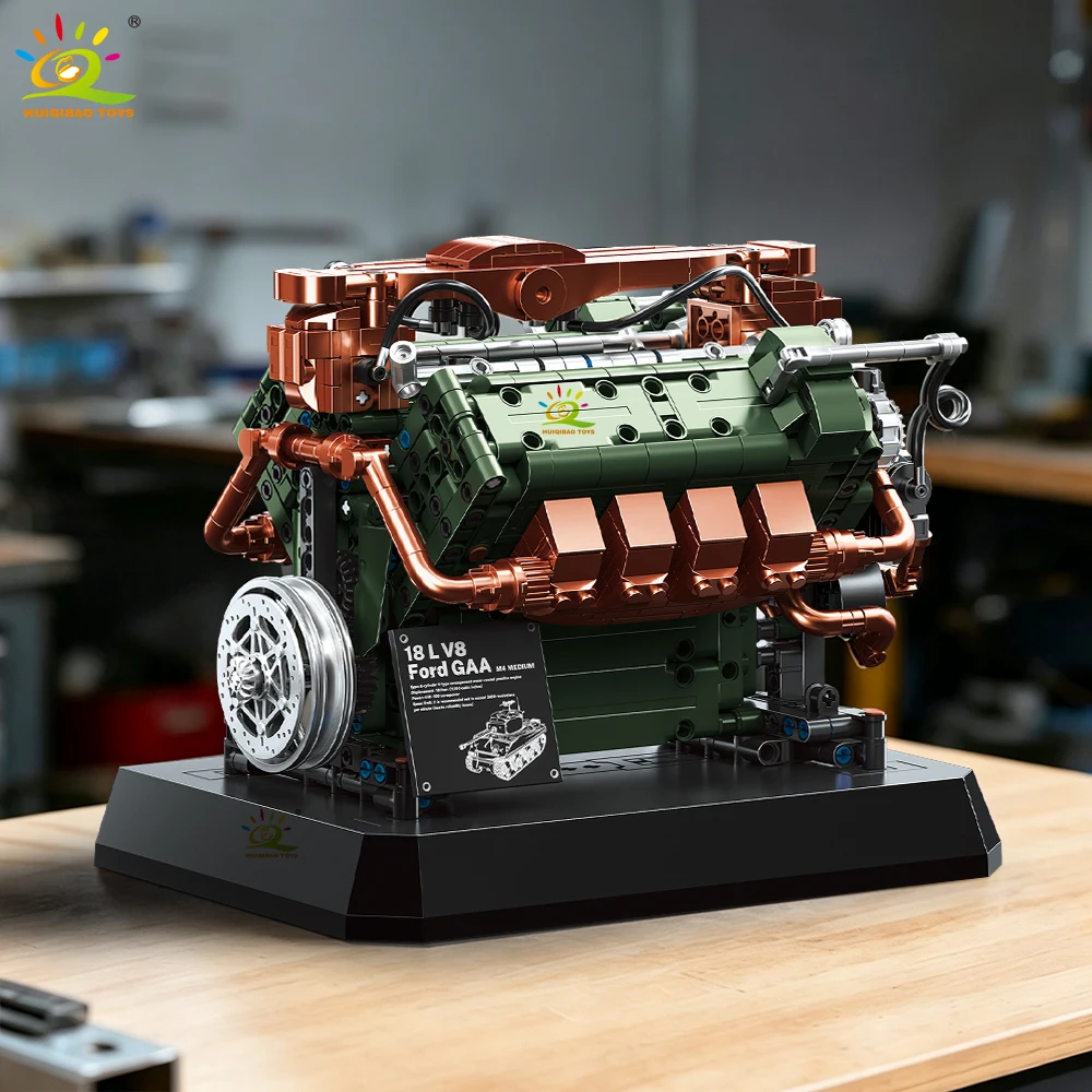 HUIQIBAO V8 Tank Power Engine Building Blocks Model Military Mechanical Engine Assembly Bricks Set Kids Collectible STEM Kid Toy