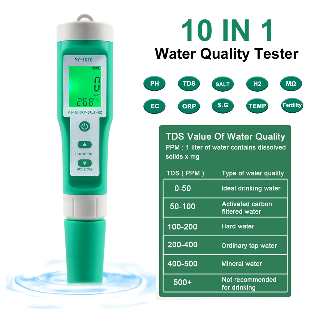 Water Quality Tester PH Meters 10-in-1 EC TDS ORP H2 Fertile Salinity S.G. Resistivity Temperature Meter Backlit LCD Display