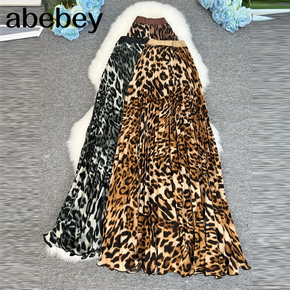 

2026 New Autumn Women Long Leopard Print Skirt Elastic High Waist Chiffon Pleated Slim Fit Casual Maxi Skirt