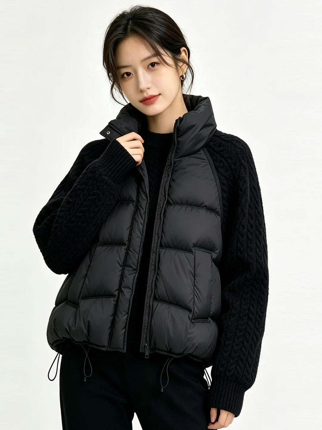 Korean Style Warm Knitted Cotton Jacket Women's Winter Clothes Small Size Bread Long Sleeve Zipper Closure Stand Collar