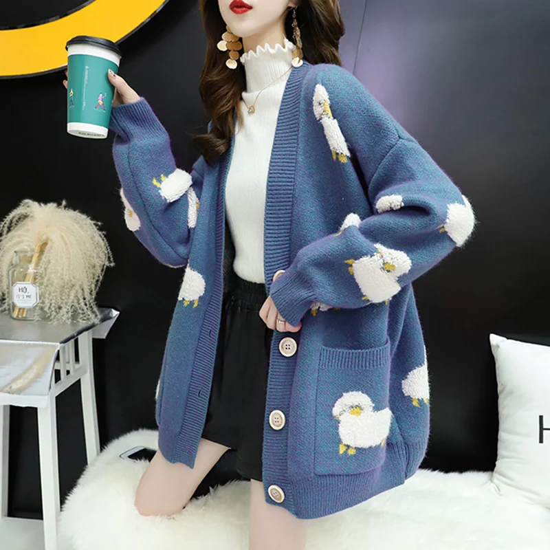 Women Sweater Cardigans V Neck Casual Thick Warm Sheep Knitcoat Fall Korean Fashion Loose Pocket Elegant Design Overwear