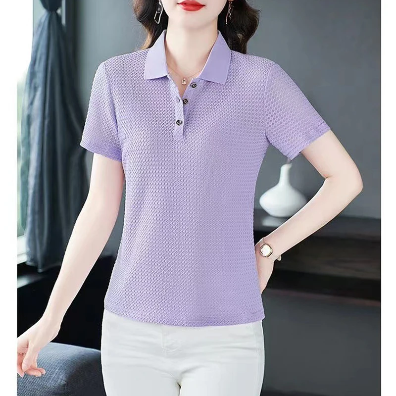 Women Summer Korean Fashion Elegant Short Sleeve Button Polo Collar T-shirt Female Solid Casual Slim Commute Tops Polos Mujeres