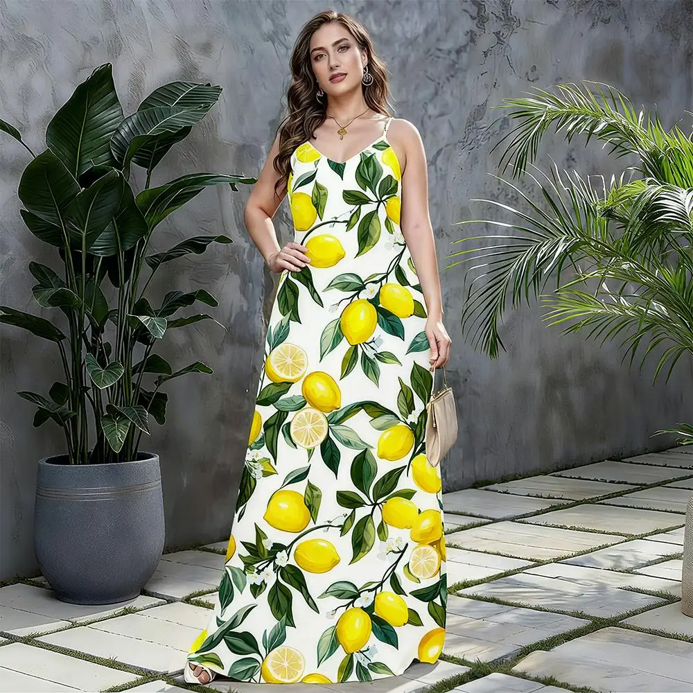 المرأة الفاكهة طباعة الخامس الرقبة فستان الحمالات البوهيمي نمط الصيف فستان كاجوال فضفاض وعصري عطلة الشاطئ فستان ماكسي #6