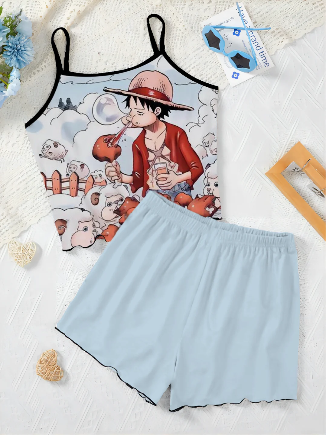 Vestido de pijama feminino saia, alface aparar conjuntos curtos, t-shirt, macaco D. Luffy elegante deslizamento vestido Top, One Piece Piece