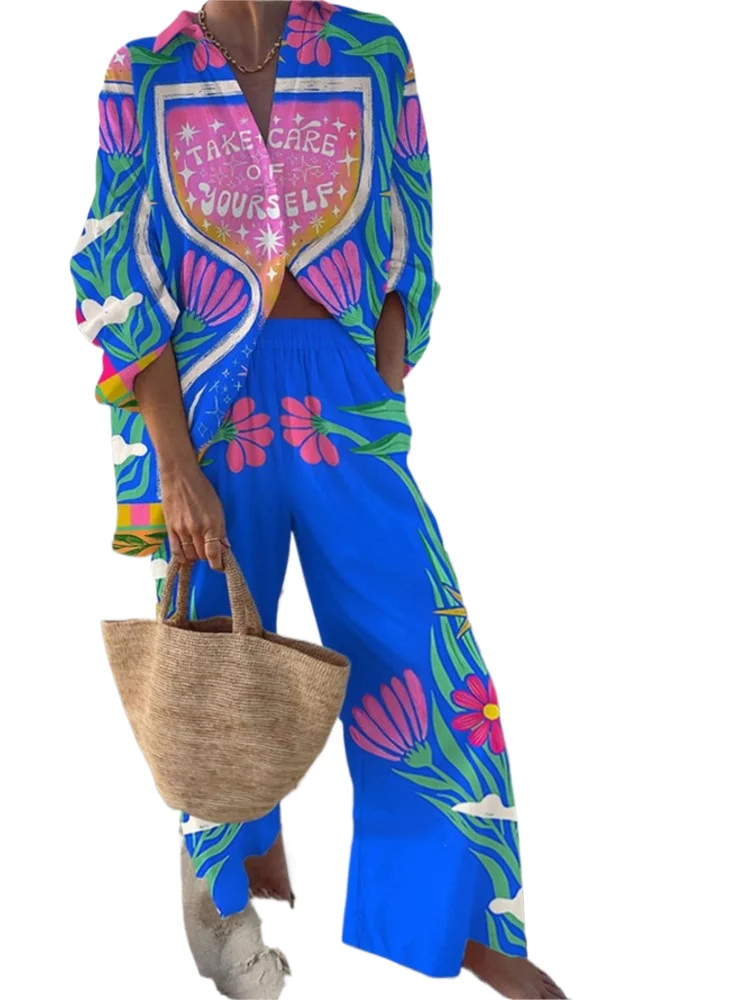 

Casual Printed Two Piece Set Women Spring Summer New Fashion Comfort Holiday Button Long Sleeve Shirts And Wide Leg Pants 2 Sets