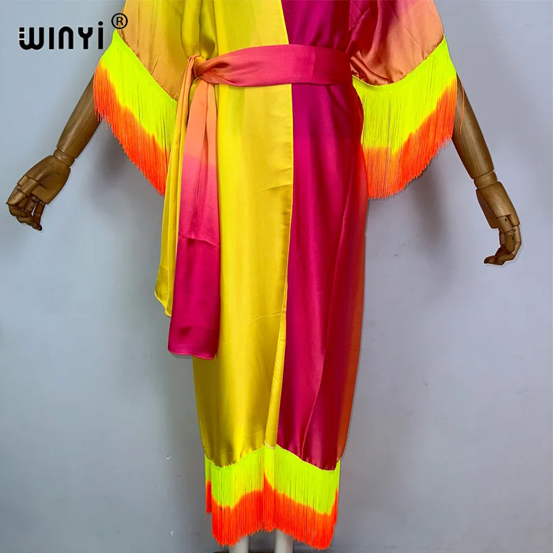 WINYI-Cache-maillot kimono boho, imprimé à franges graduelles, cardigan élégant, sexy, glands, robe maxi, vacances, été