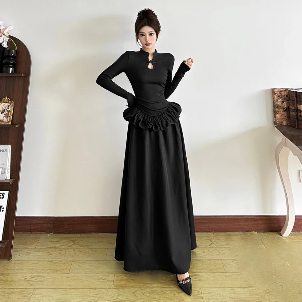 فساتين طويلة أنيقة مكشكشة من SylCue للسيدات للخريف بياقة واقفة وأكمام طويلة وكشكشة تصميم يومي غير رسمي على الموضة