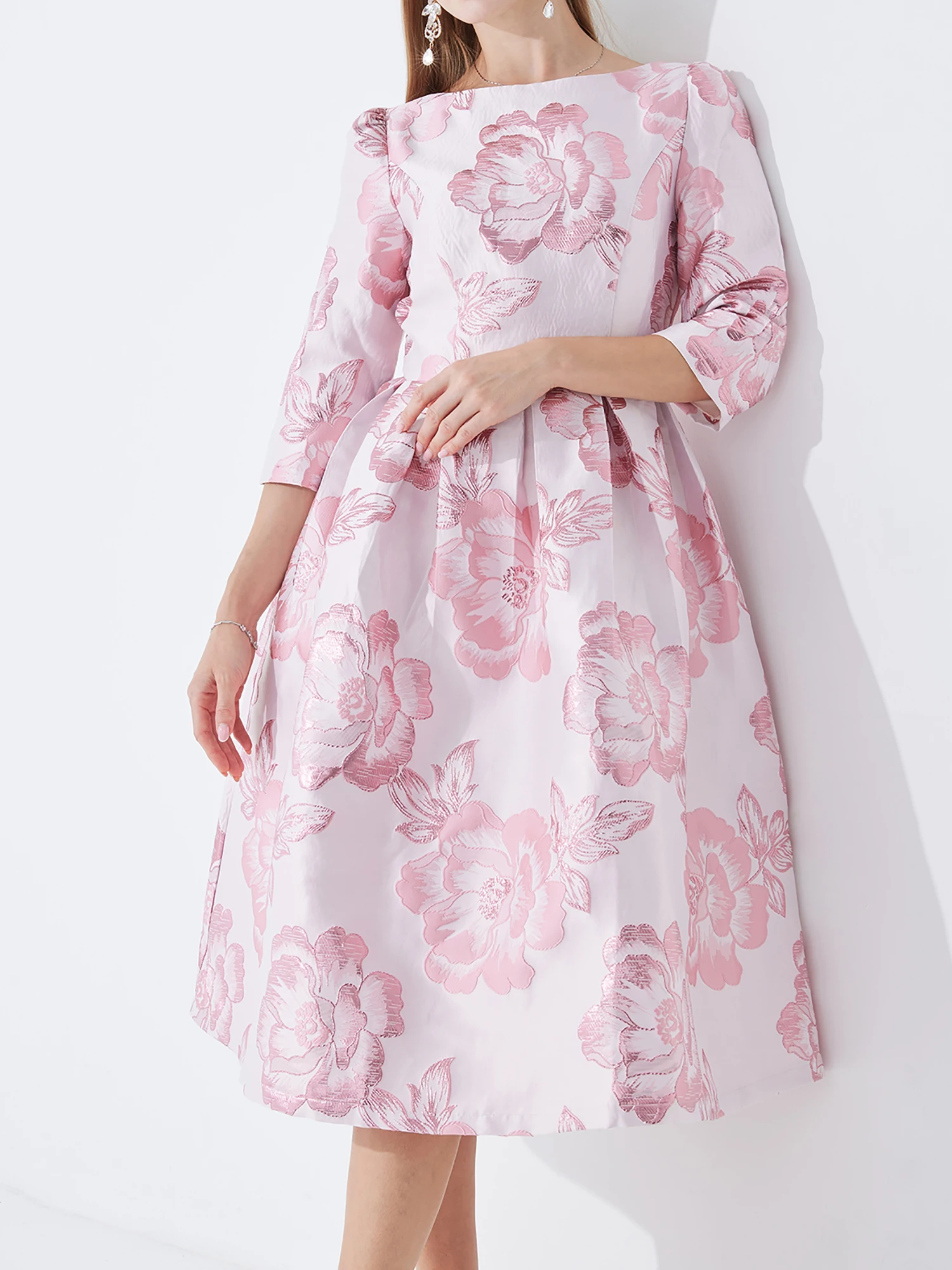 

DEVCHATA New Plus Size Jacquard Party Dress Elegant Pink Floral Three-Quarter Sleeve Dress Boho Luxury Fall Spring Vestido