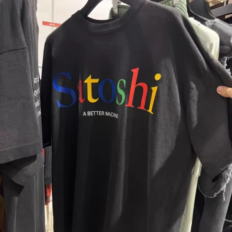 Summer Color Gradient Letter Satoshi Tshirts Cotton Black Round Neck Short Sleeve Vintage Distressed Streetwear Men Women Tops