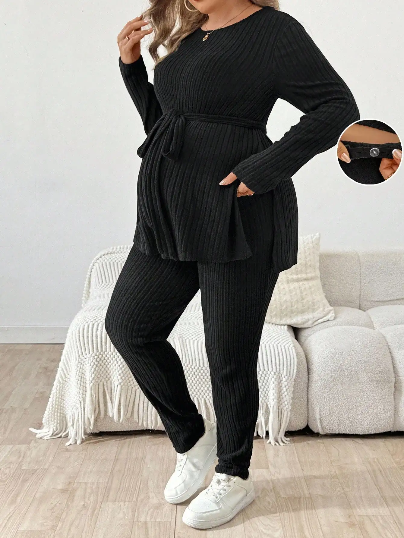 

Комплект для беременных больших размеров из двух предметов: топ с длинным рукавом и брюки на резинке, повседневная домашняя одежда