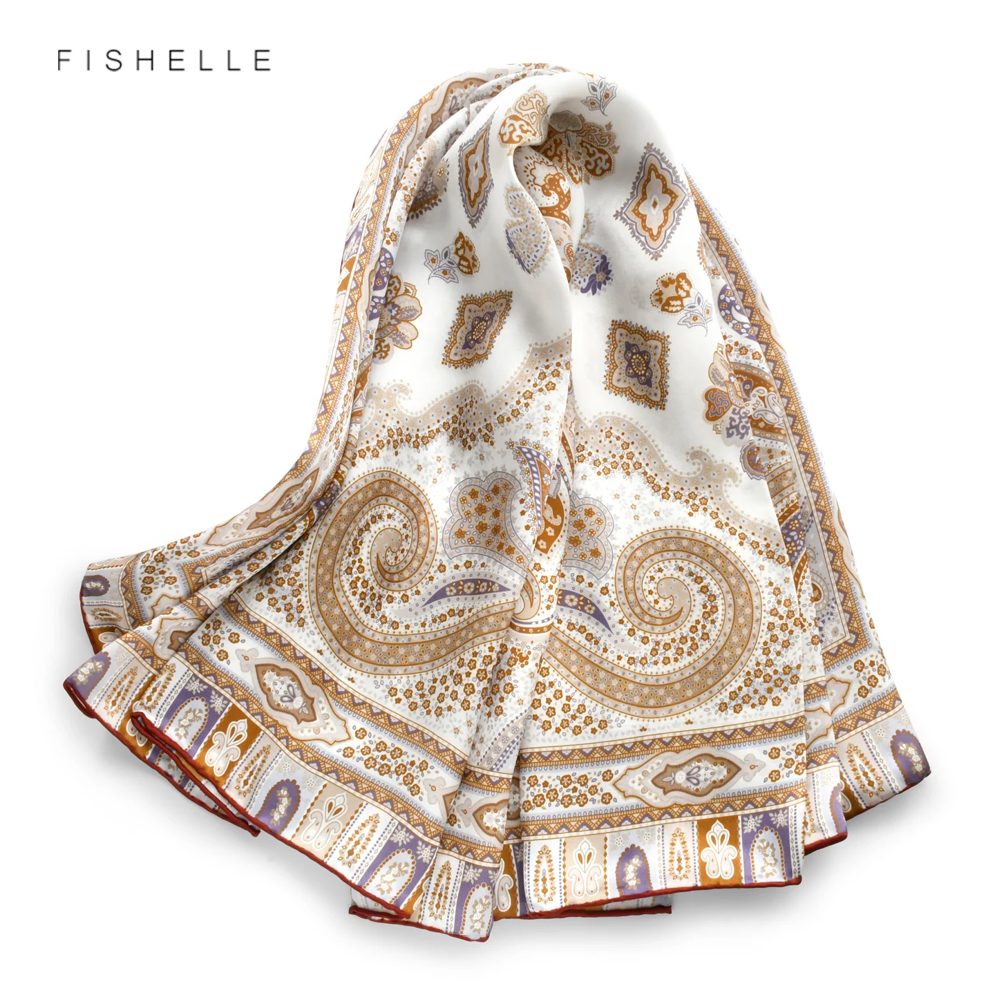 

Champagne Paisley 100% Natural Silk Women Scarf Luxury Shawl Wrap Bandana 90cm Smooth Satin Kerchief Headscarf Neckerchief