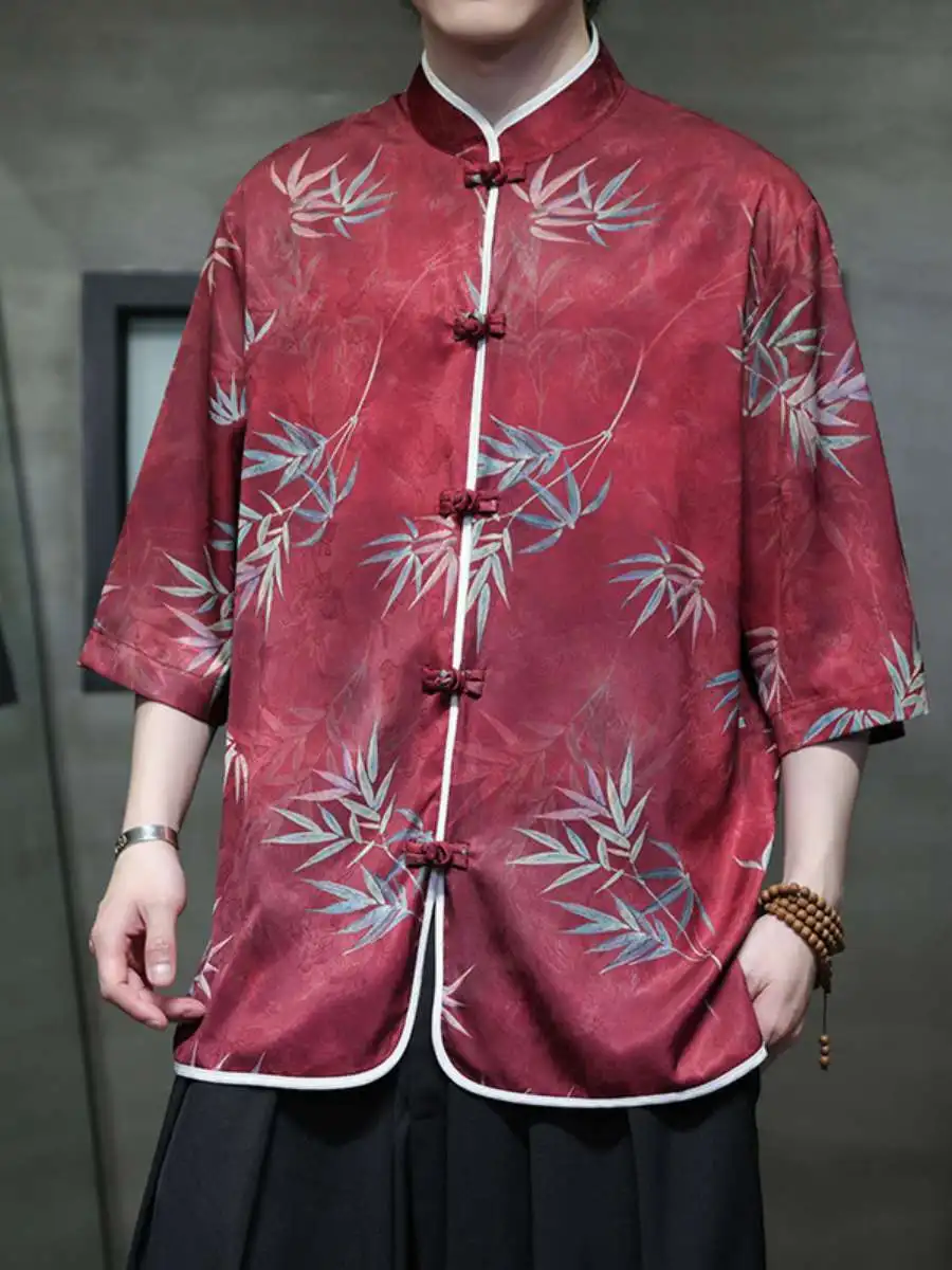

New Summer Ice Silk ort Sve Men's irt Chinese Sle Button Print National Trend Cotton Polyester Big Size Clothing