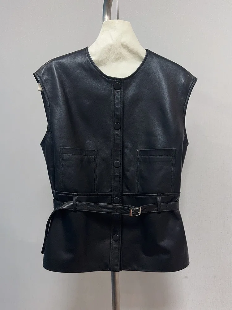 French Style Women O-Neck Single Breasted Solid Color Vests Design Tank Jacket Casual Sheepskin Genuine Leather Short Waistcoat