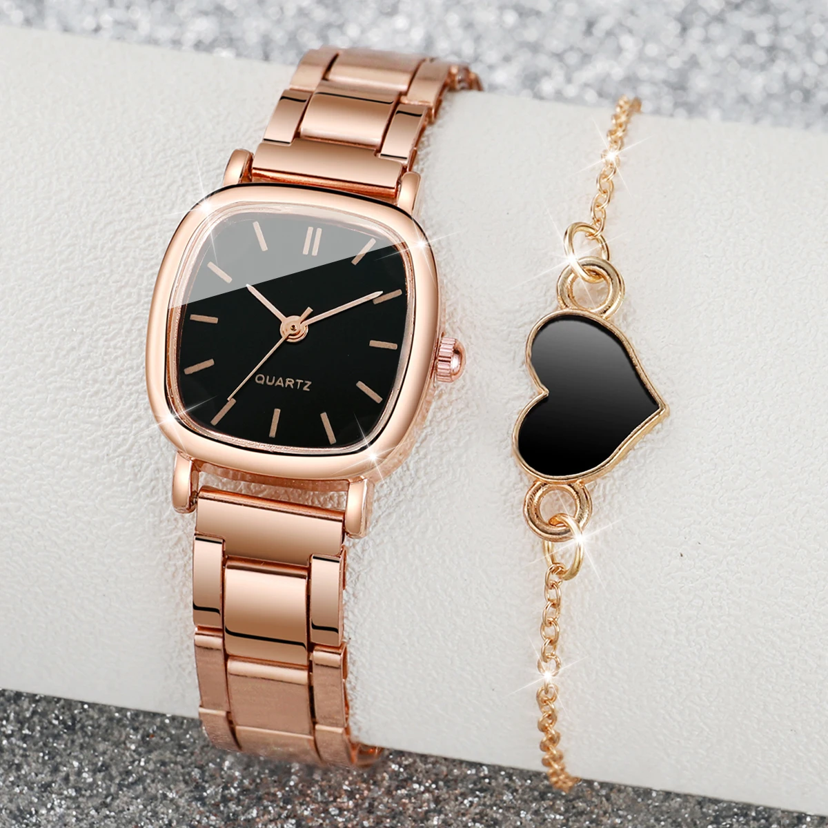 2Pcs Square Watch Bracelet Set Women Rose Gold Metal Band Black Dial Quartz Wristwatch Black Heart Charm Bracelet Jewelry Gift
