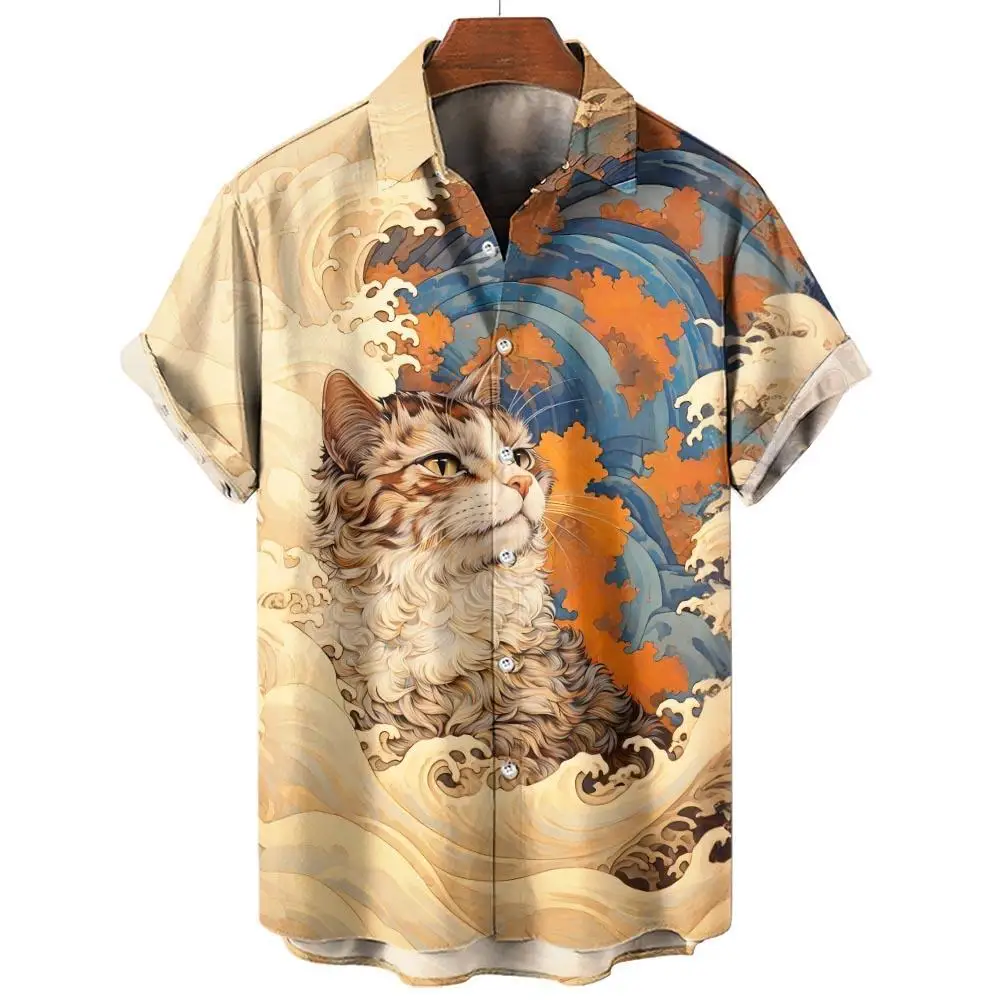 Men's Shirts Anime Cat Graphic Shirts For Men Casual Summer Oversized Tees Short Sleeve Tops Harajuku Streetwear Men's Clothing