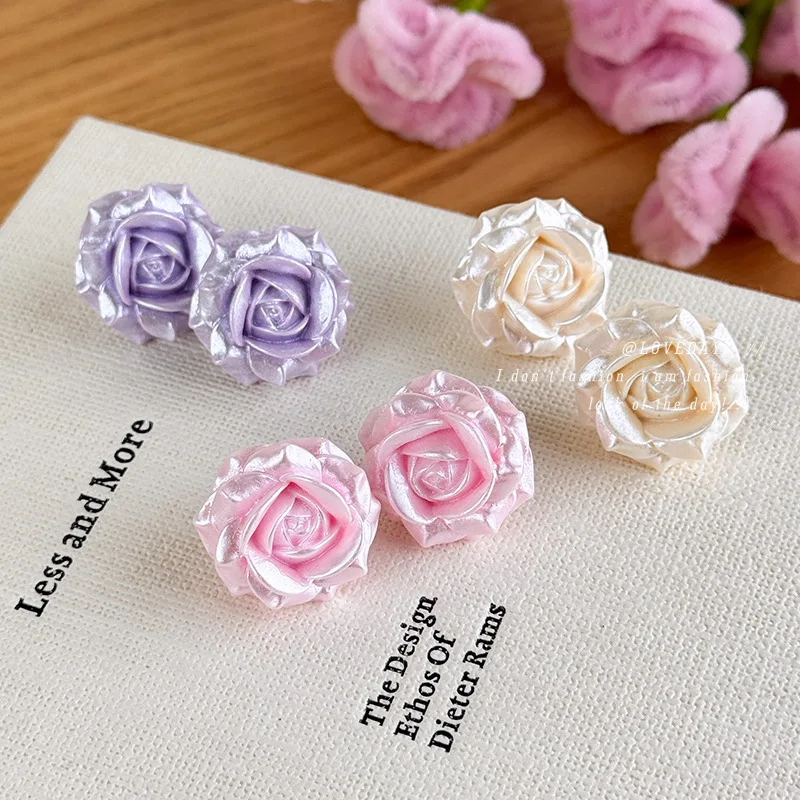 Rose Stud Earrings Glossy Floral Unique Sweet Forest Style Lightweight Gold Tone Alloy Elegant Jewelry for Women
