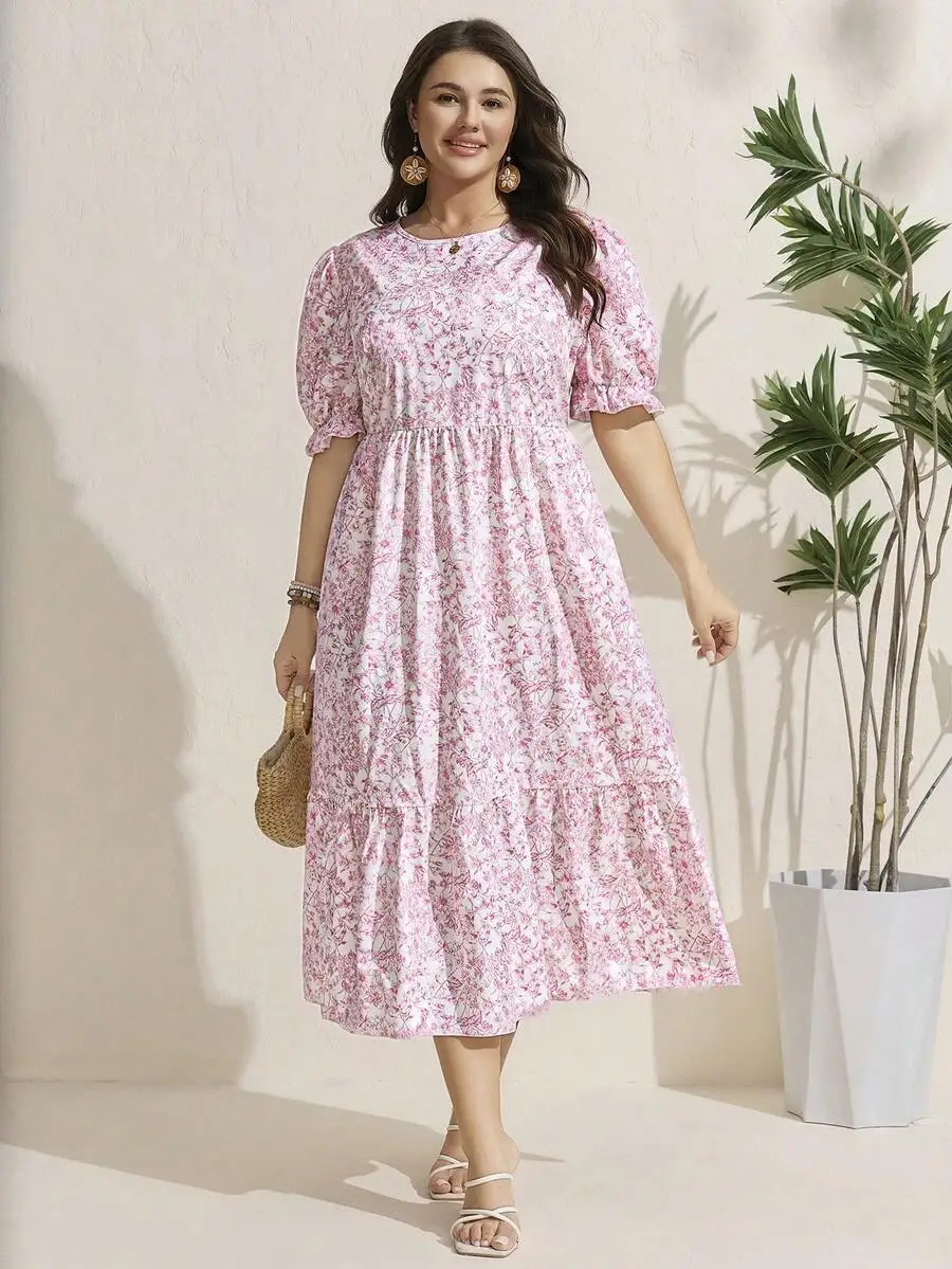 

Plus Size Casual Ditsy Floral Puff Sleeve Midi Dress