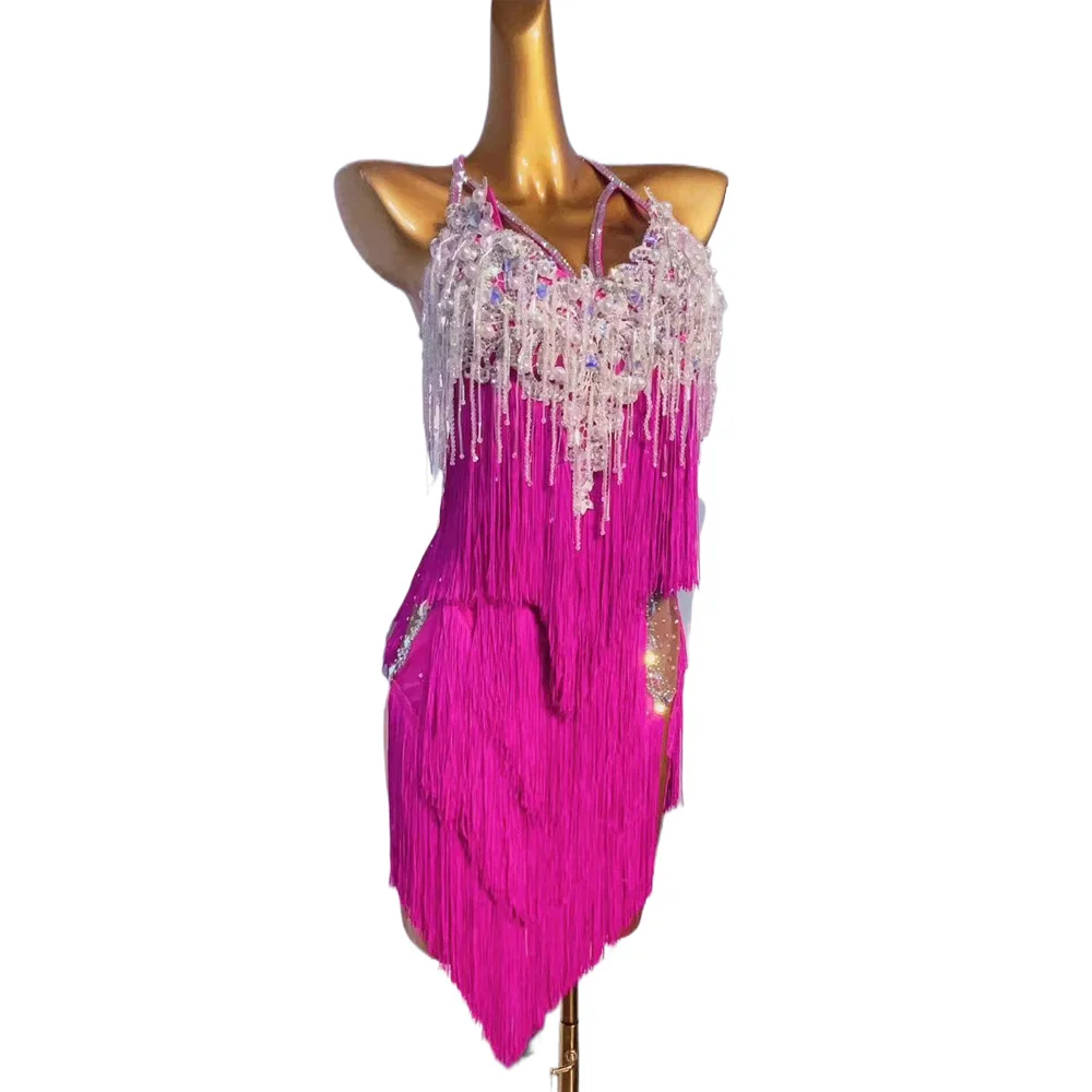 

Latin Dance National Standard Dance Competition Clothing High end Customized Purple Red Tassel Diamonds Samba Style Dress