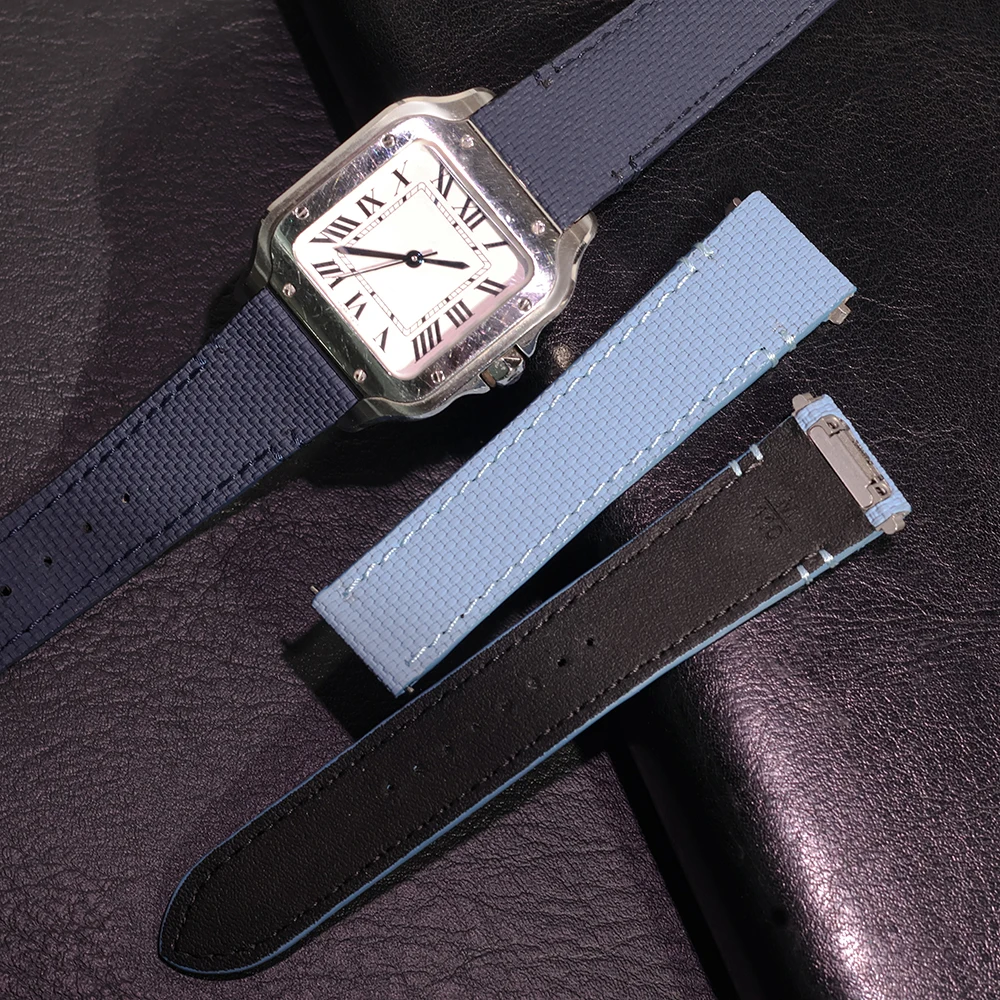 Sailcloth Signature FKM Rubber Watch Strap For Cartier Sandos L M Size Quick Release Watch Bands Stainless Steel Folding Buckle