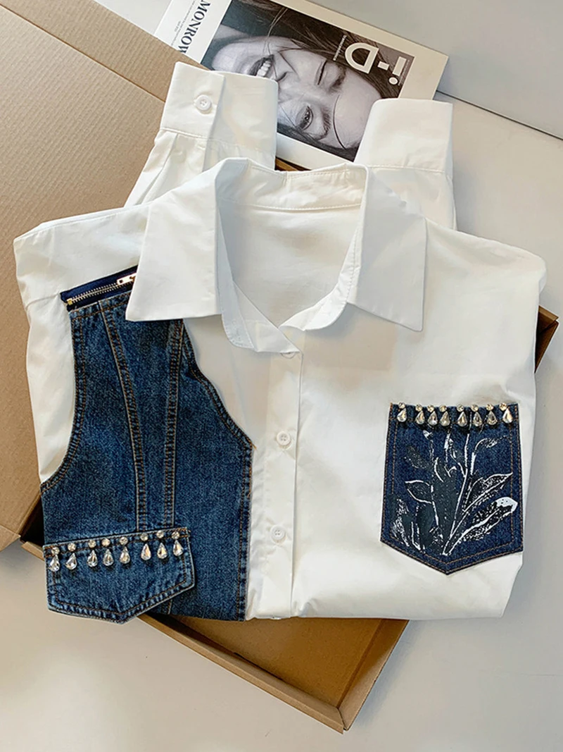 

Diamond Studded Denim Striped Shirt for Women Spring Contrasting Lapel Long Sleeved Tops Retro Single Breasted Casual Shirts