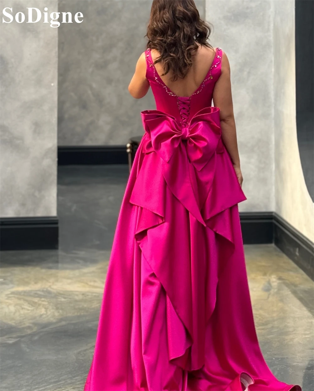 SoDigne Elegant Fuchsia Evening Dresses A-Line Spaghetti Strap Lace-up Appliques Pleated Party Dress Bow Prom Gowns Customized