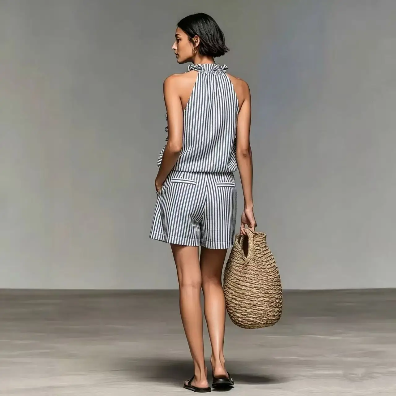 Linen Feel Blue White Stripes Set with Gentle Neck Hanging Sleeveless Top And Versatile Shorts for Commuting And Vacation
