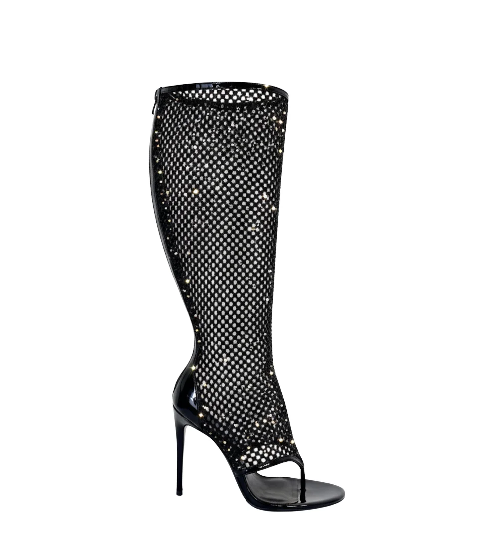 Sexy Black crystal Flip-flops mesh sandals Women's stilettos hollow out summer high boots luxury designer party zipper shoes