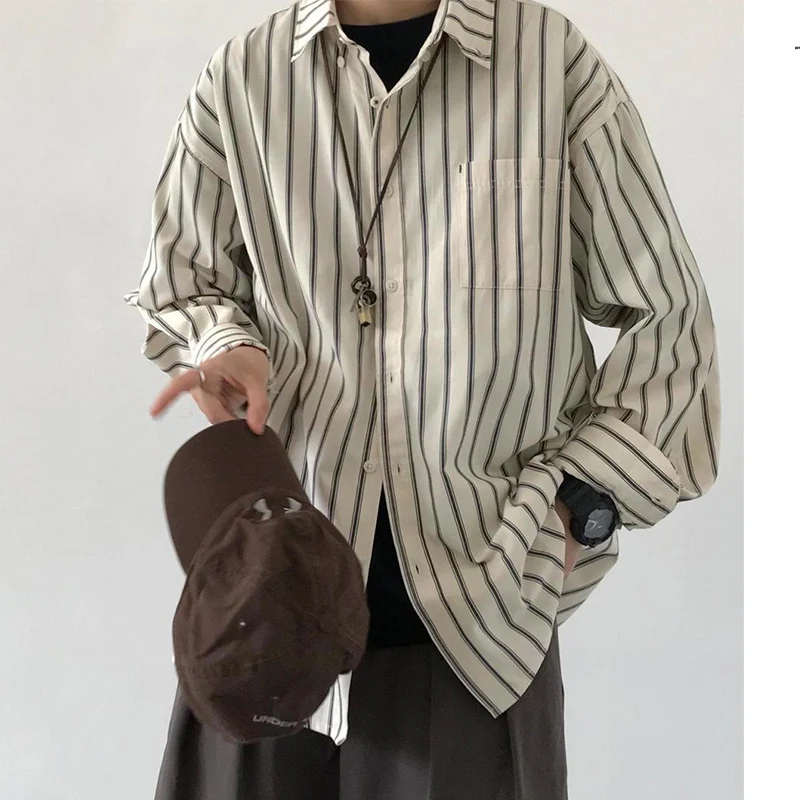 Spring Summer New Fashion Handsome Trend Casual Blouse Man Simple All Match Chic Male Shirt Square Collar Stripe Loose Tops Men