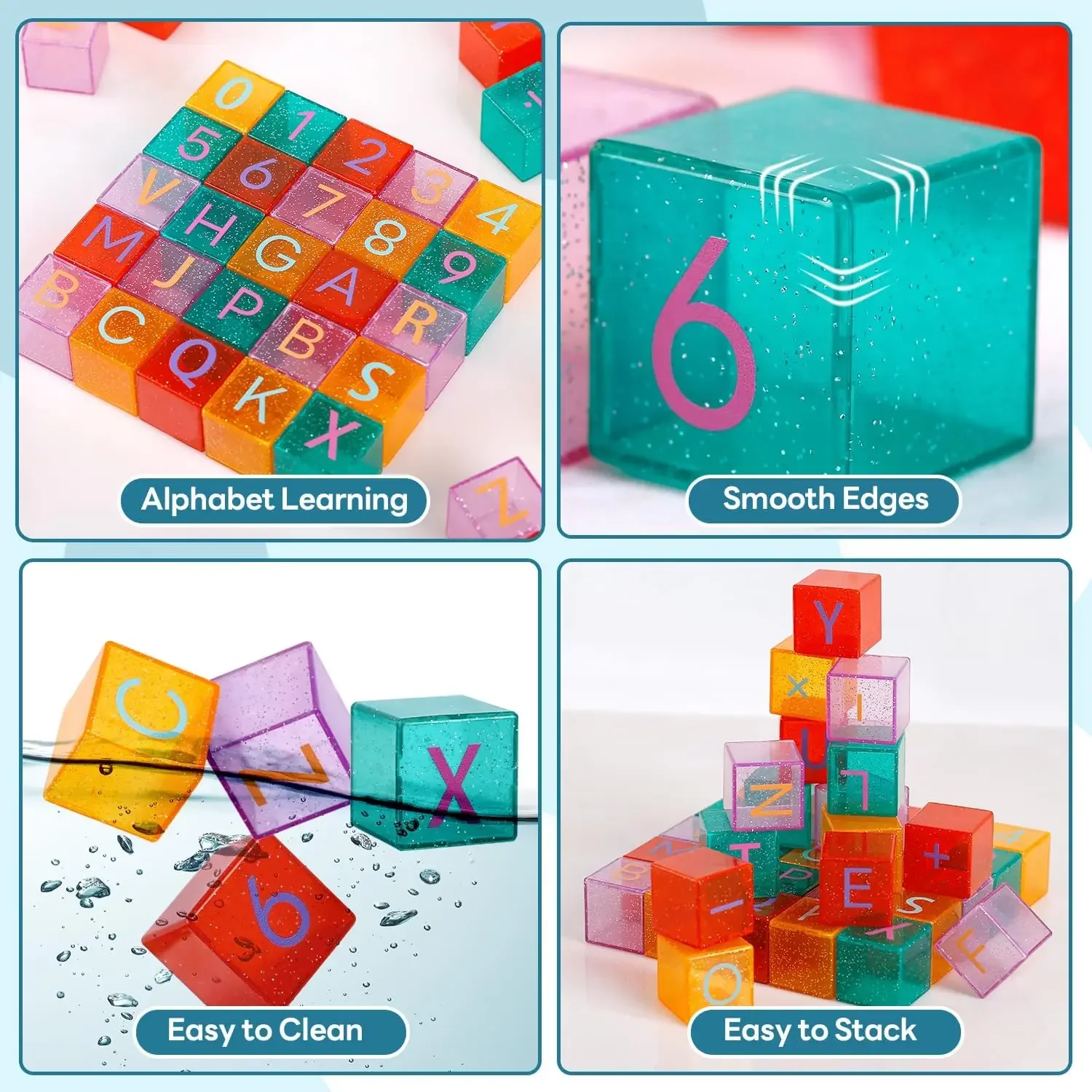 Blocos de construção para crianças, 40 peças de 1,3 polegadas acrílicos ABC e blocos de empilhamento de números brinquedos para crianças com cartões de identificação coloridos, alfabeto