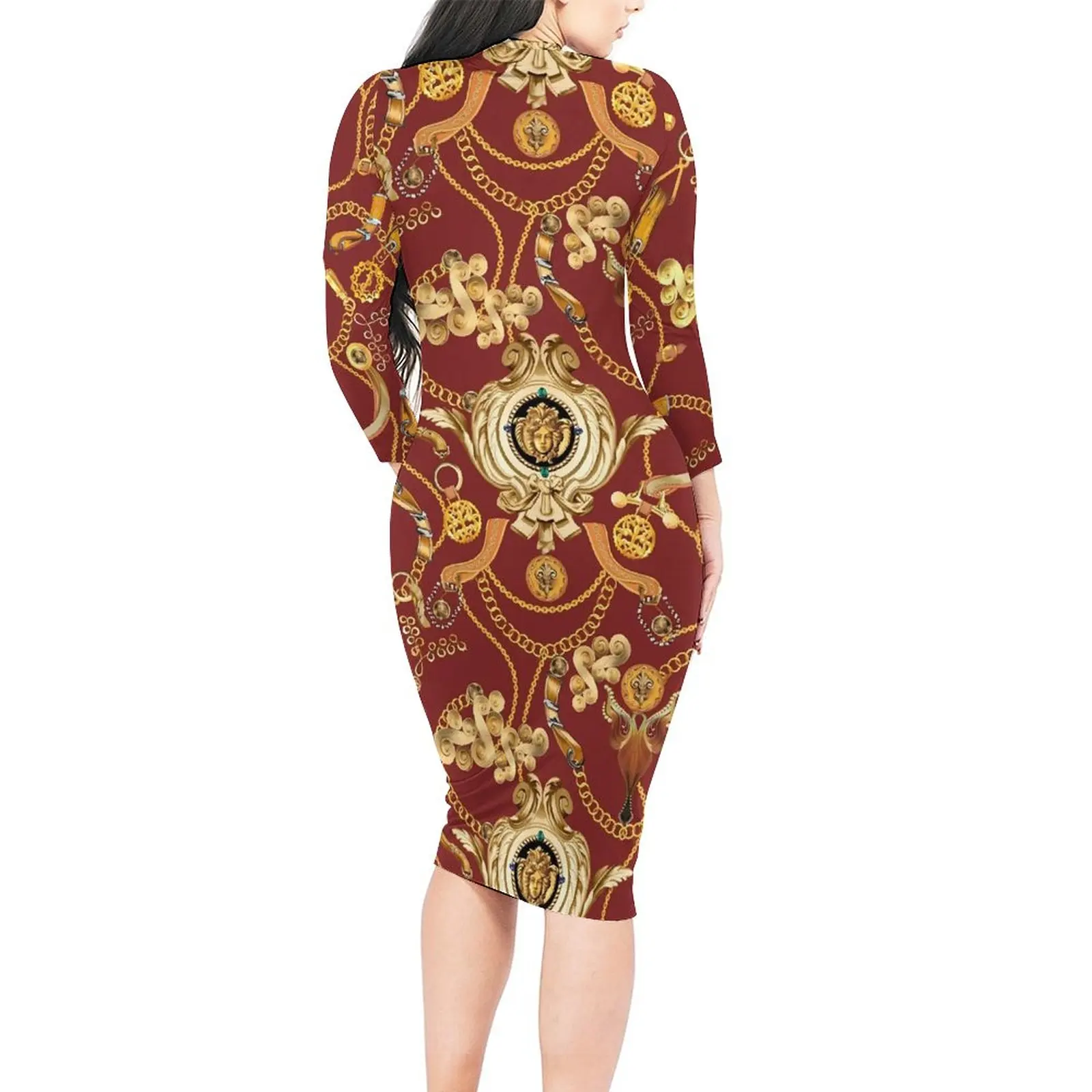 Vestido con estampado de cadena dorada, vestidos sexis de diseño barroco de manga larga, vestido ajustado con gráfico de moda de otoño para mujer, talla grande 4XL 5XL