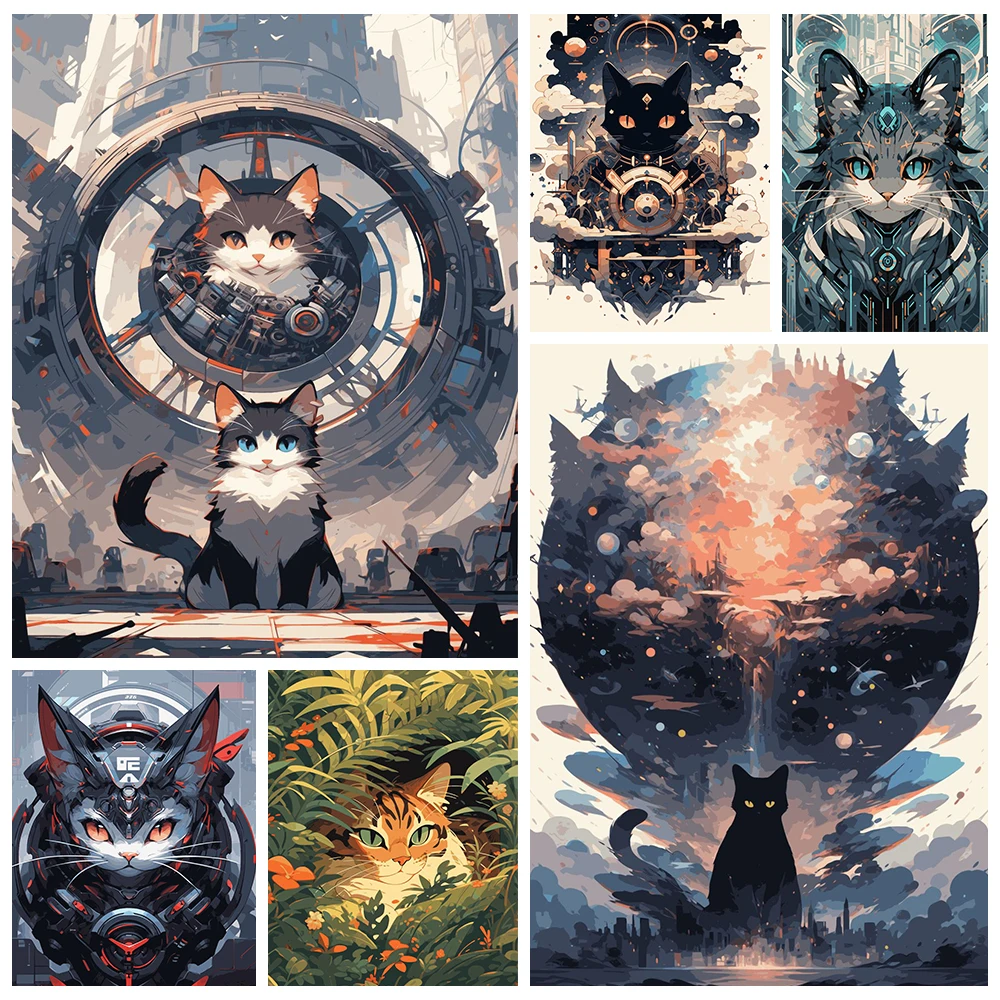 Tech-Katze-Diamantgemälde, neue Kollektion 2025, komplettes rundes Diamant-Mosaikbild, Kreuzstich-Set, niedliche Persönlichkeit, Kunst, Heimdekoration