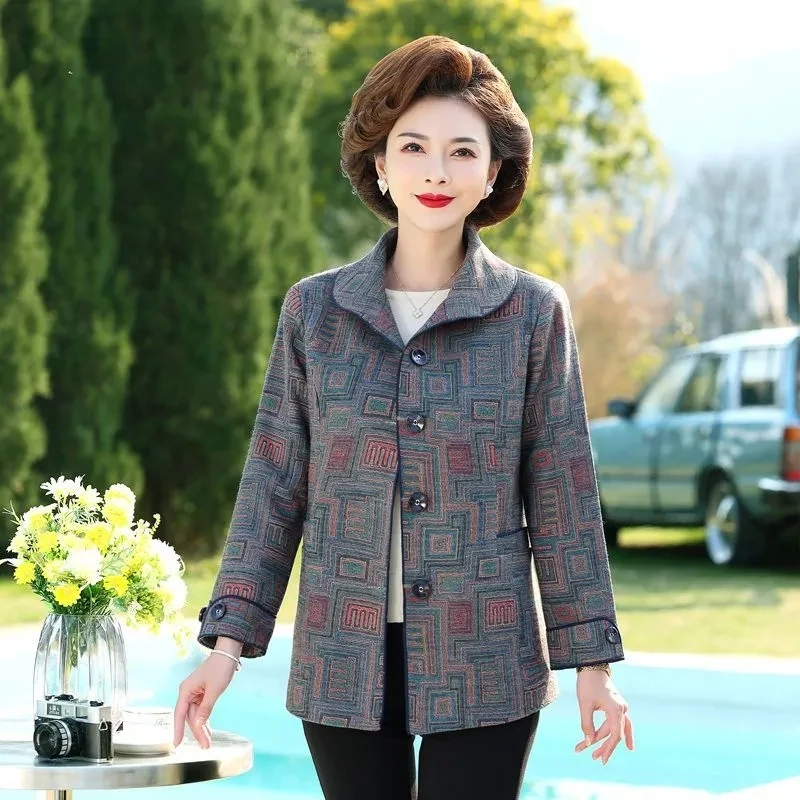 Mom's High-end Woolen Coat In Spring And Autumn 2024 New Middle-aged And Elderly Women's Long-sleeved Printed Woolen Coat Tide.