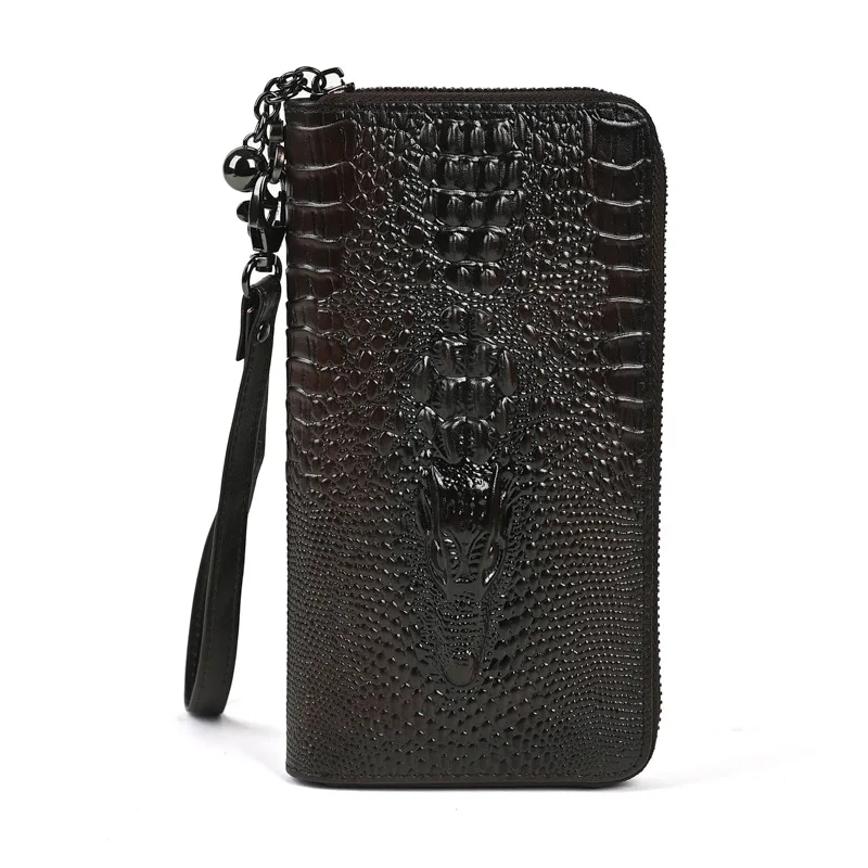 Cartera larga de cuero genuino con patrón de cocodrilo para hombre, tarjetero de negocios, bolso de mano con capa superior de piel de vaca, Clip para dinero para hombre