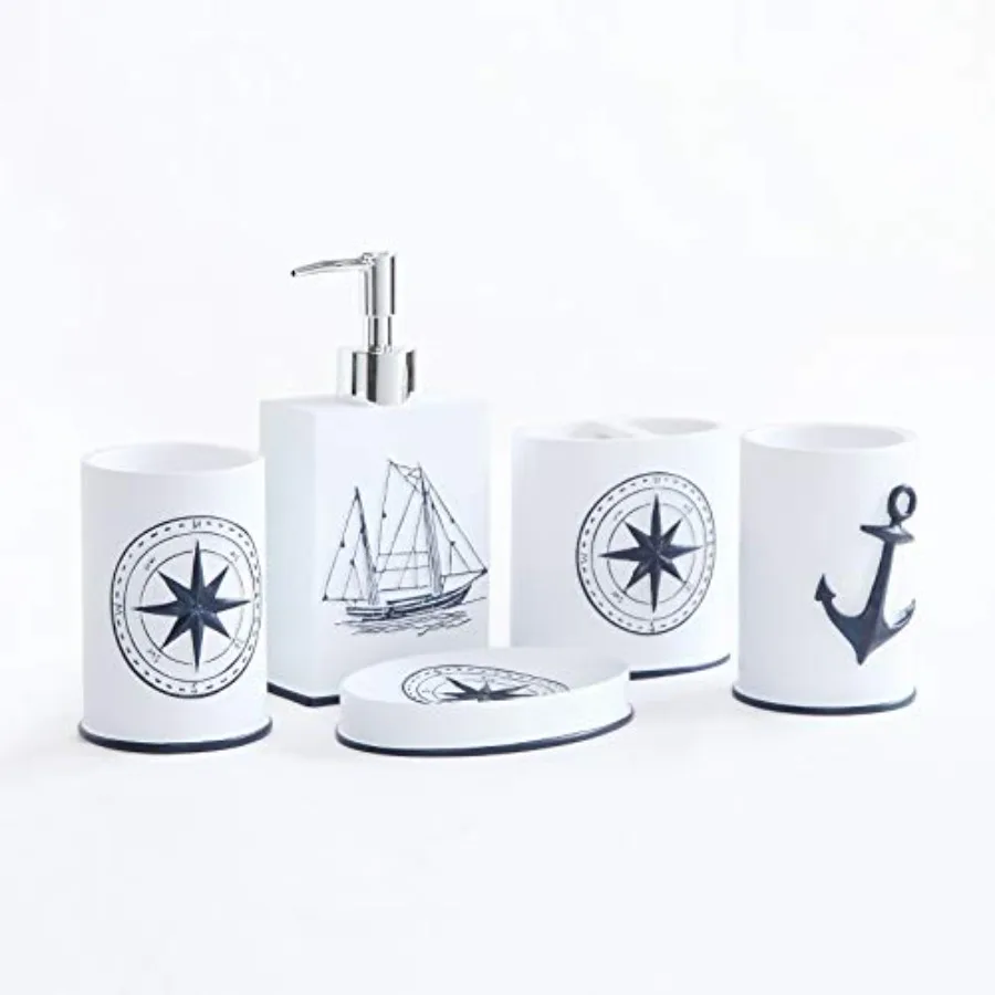 

atroom Accories t 5 Pcs - Soap Dispenr Tootrus older atroom Tumler Soap Dis eac Nautical atroom Decor - Wite/lue