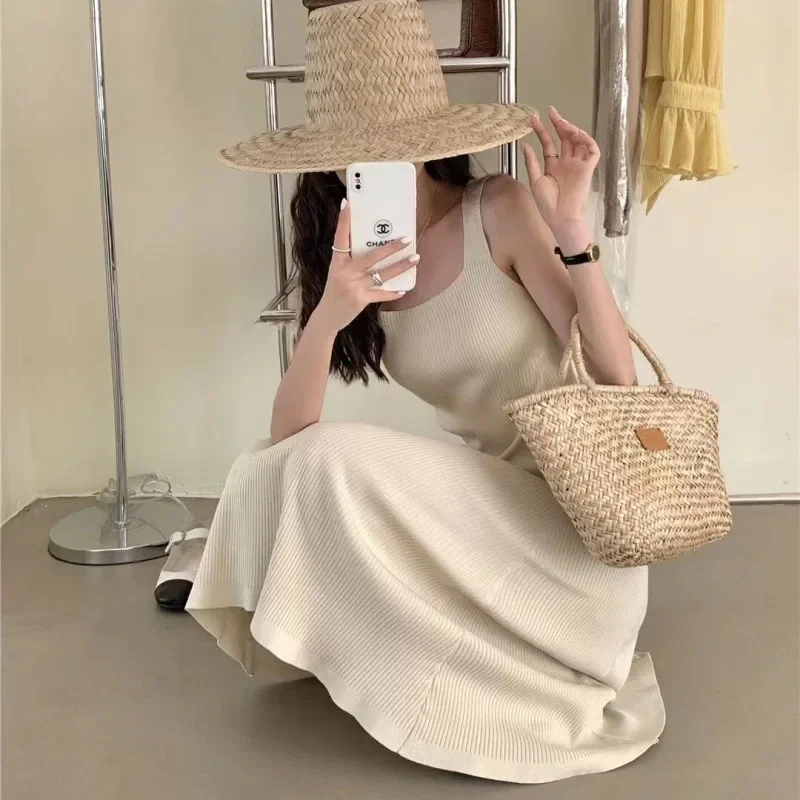 

Sleeveless Knitted Midi Dress Summer Autumn Women Black A-line Long Dress Korean French Elegant Evening Dresses Vestidos 니트 드레스