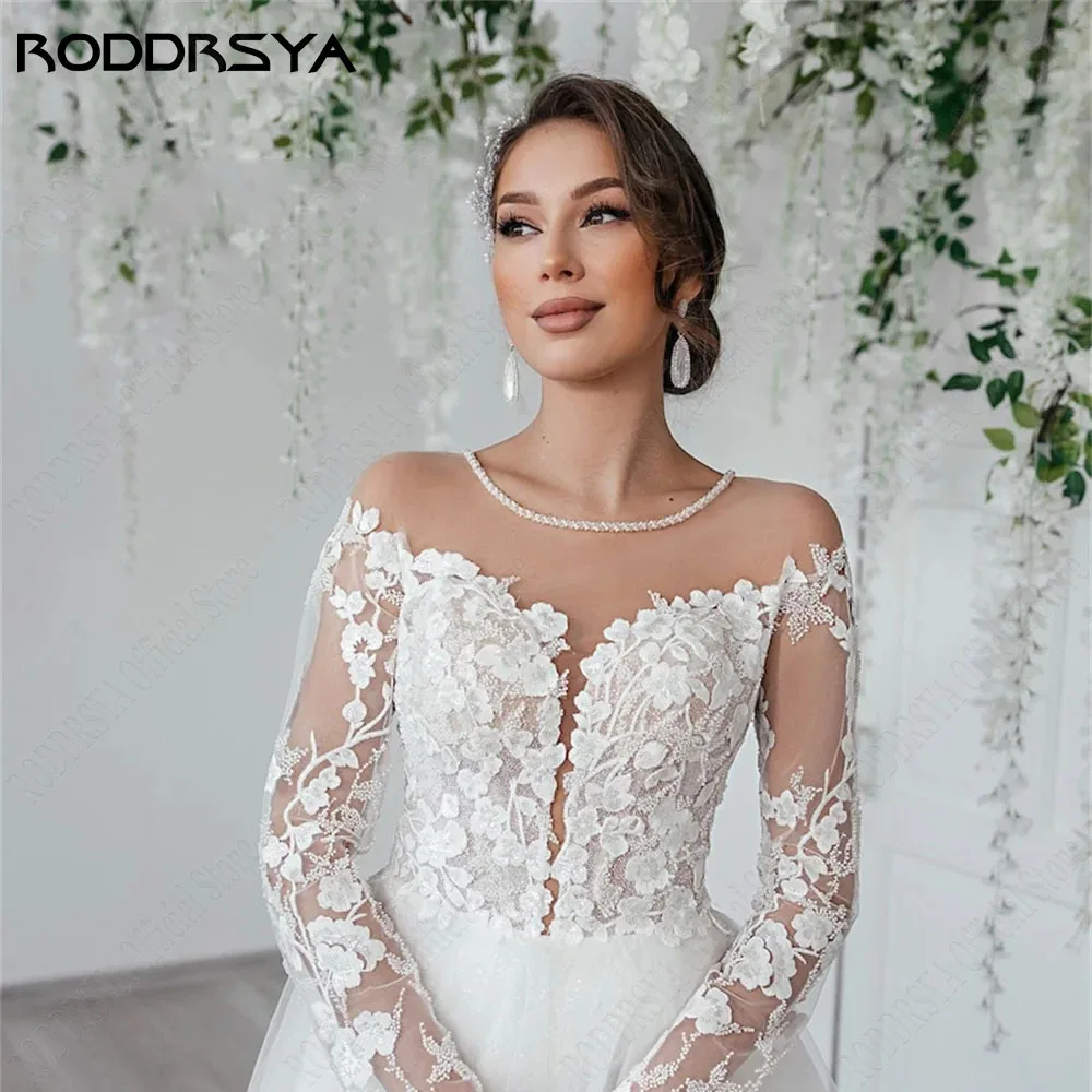 RODDRSY Civil Long Sleeves Lace Wedding Dress A-Line O-Neck Illusion Back Bride Gowns Custom Made Suknia ślubna z długim rękawem